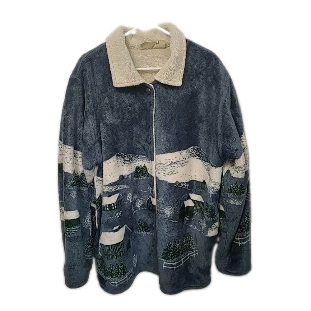 VTG 90s St Johns Bay Scenic Winter Landscape Fleece Jacket 2X Cottagecore Cabin